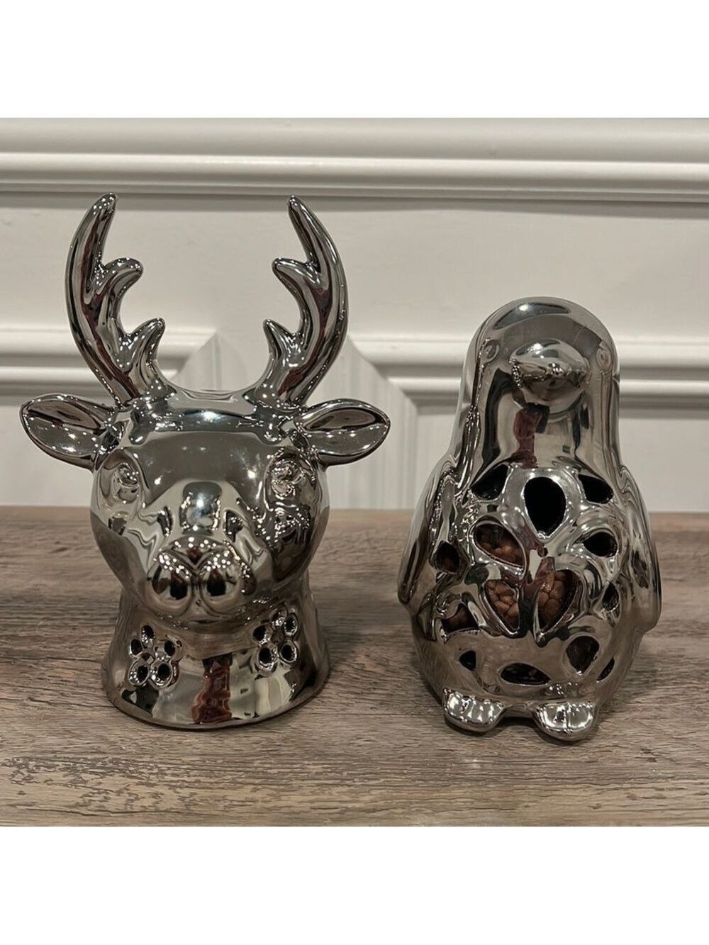Reindeer and Penguin Head Potpourri Holder Silver Christmas Holiday Decoration